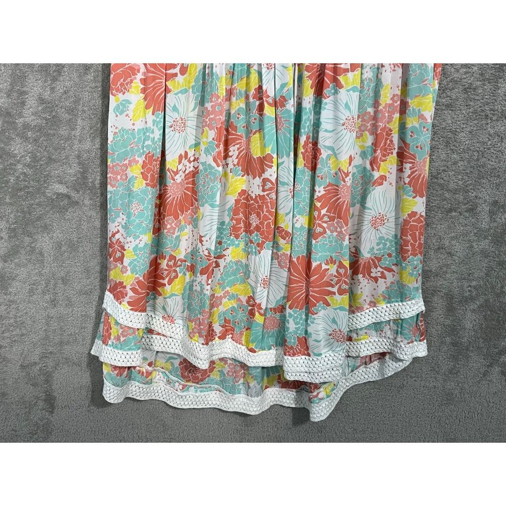 Poupette St Barth Sasha Mini Dress Coral Flowy Floral Fringe Lace Trim Resort - Picture 3 of 7